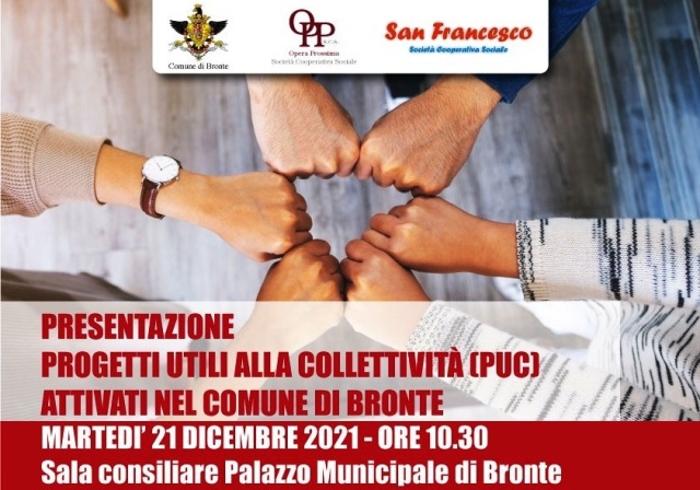 Domani, martedì 21 dicembre, si presentano in Municipio i “Progetti utili alla collettività (Puc) attivati nel Comune di Bronte”